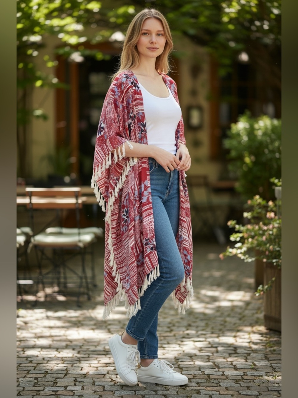 FREE PEOPLE Red/blue/cream Floral Patchwork Fringe Kimono, OneSize